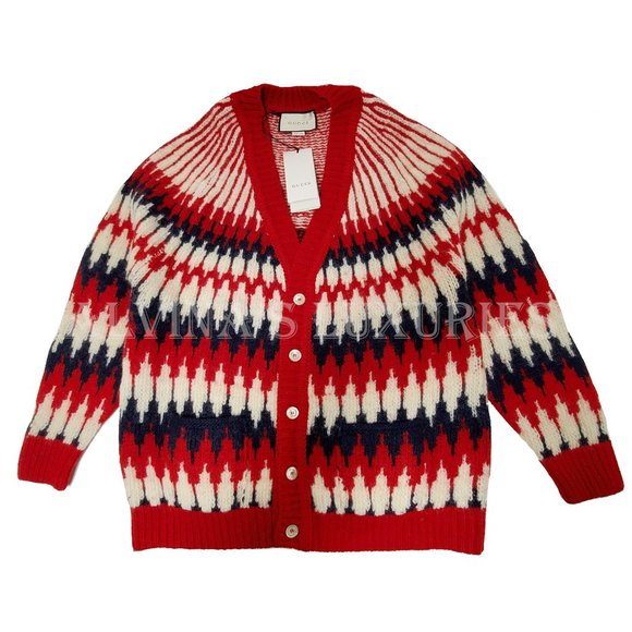 GUCCI MENS SWEATER ZIGZAG JACQUARD THICK WOOL KNITTED CARDIGAN sz M Medium - Picture 6 of 16